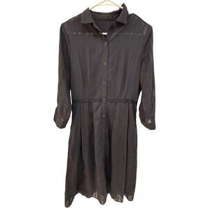 ATM Dress Navy Sheer Striped Button Front Midi Womens S P